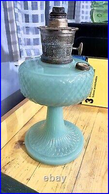 Antique Aladdin Nu-Type Model B-86 Moonstone Diamond Quilt Oil Lamp Jadeiti