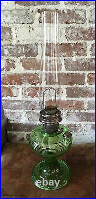 Antique Aladdin Oil Kerosene Lamp Green Beehive Pattern With Original Chimney