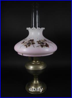 Antique Aladdin Oil Lamp No. 11 w Hurricane & Floral Pink Milk Glass Shade