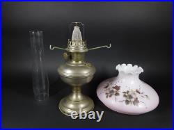 Antique Aladdin Oil Lamp No. 11 w Hurricane & Floral Pink Milk Glass Shade