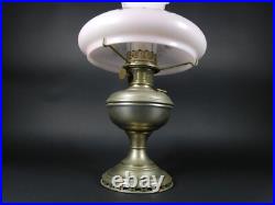 Antique Aladdin Oil Lamp No. 11 w Hurricane & Floral Pink Milk Glass Shade