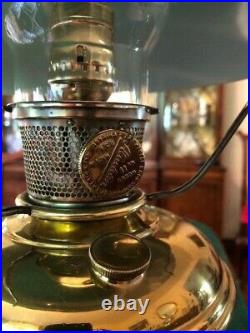 Antique Brass Aladdin No. 11 Kerosene Lamp Electrified With Green Shade