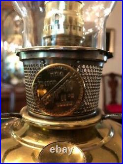 Antique Brass Aladdin No. 11 Kerosene Lamp Electrified With Green Shade