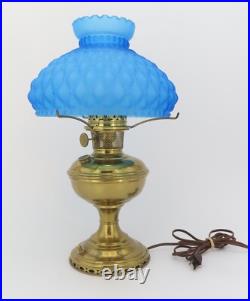 Antique Brass Aladdin Oil Lamp No 10 Blue Satin Quilted Diamond Glass Shade 10