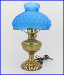 Antique Brass Aladdin Oil Lamp No 10 Blue Satin Quilted Diamond Glass Shade 10