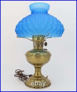 Antique Brass Aladdin Oil Lamp No 10 Blue Satin Quilted Diamond Glass Shade 10