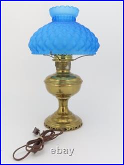 Antique Brass Aladdin Oil Lamp No 10 Blue Satin Quilted Diamond Glass Shade 10