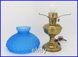 Antique Brass Aladdin Oil Lamp No 10 Blue Satin Quilted Diamond Glass Shade 10
