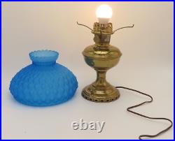 Antique Brass Aladdin Oil Lamp No 10 Blue Satin Quilted Diamond Glass Shade 10