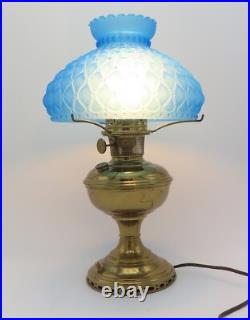 Antique Brass Aladdin Oil Lamp No 10 Blue Satin Quilted Diamond Glass Shade 10