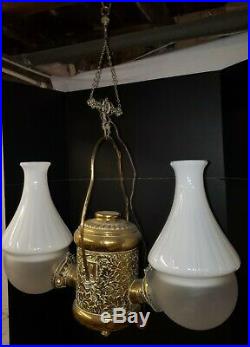 Antique Brass Double Hanging ANGLE LAMP electrified Grape Embossed Font kerosene