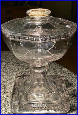 Antique EAPG Greek Key Pattern Glass Mantle Aladdin Kerosene Oil 9 Lamp