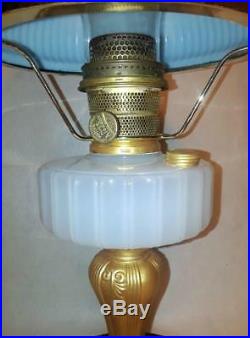Antique GEM Aladdin Majestic White Moonstone Lamp w / Green Ribbed Cased Glass