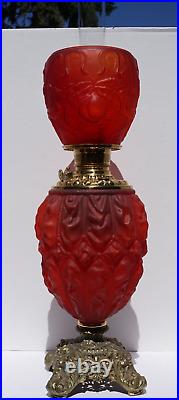 Antique GWTW Red Satin Drape & Leaf Kerosene/Oil Lamp withAladdin Chimney