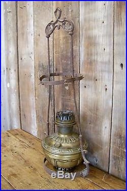 Antique Hanging Brass & Cast Iron Aladdin Kerosene / Oil Lamp Old Vtg Decor