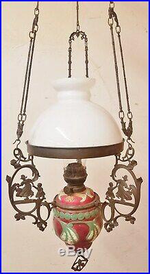 Antique Majolica Pottery Hanging Kerosene Oil Lamp Rare Cast Iron Dutch Girl Bkt