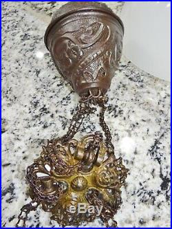 Antique Majolica Pottery Hanging Kerosene Oil Lamp Rare Cast Iron Dutch Girl Bkt