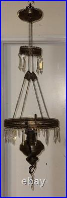 Antique Mantle Lamp Co Aladdin Hanging Library Parlor Oil Lamp Crystal Prisms
