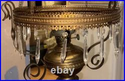 Antique Mantle Lamp Co Aladdin Hanging Library Parlor Oil Lamp Crystal Prisms