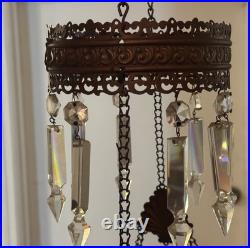 Antique Mantle Lamp Co Aladdin Hanging Library Parlor Oil Lamp Crystal Prisms