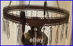 Antique Mantle Lamp Co Aladdin Hanging Library Parlor Oil Lamp Crystal Prisms