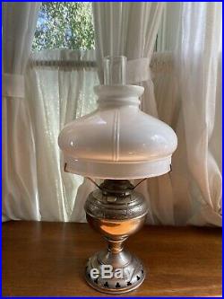 Antique Nickel Plated Rayo Miller Aladdin Oil Lamp With Milk Glass Shade Reverted
