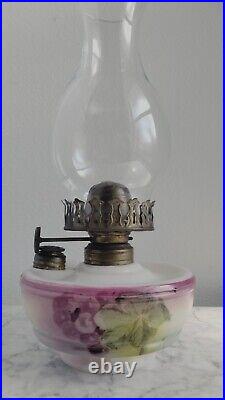 Antique Oil Lamp By Phoenix Hand Painted Purple & Greens Can Use in Lamp Holder