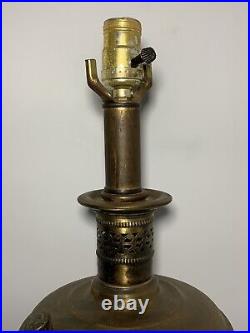 Antique Oil-kerosene Lamp Lantern Converted To Electric Table Light Wood Brass