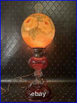 Antique Ruby & Clear Blown Glass Art Nouveau Kerosene Lamp Antique Ball Shade