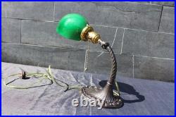 Antique Sign Aladdin Base Desk Lamp Great Green Cased Glass Shade Adjustable