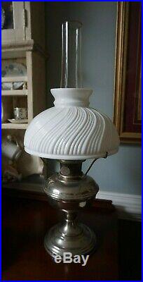 Antique Silver Aladdin Model no. 11 Mantle Lamp Ribbed Milk Glass Shade