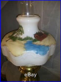 Antique Vintage Aladdin Brass Kerosene Oil Lamp W Handpainted Milk Glass Shade