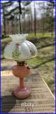 Art Deco Aladdin Rose Moonstone Oil Lamp with Chimney & Shade