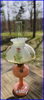Art Deco Aladdin Rose Moonstone Oil Lamp with Chimney & Shade