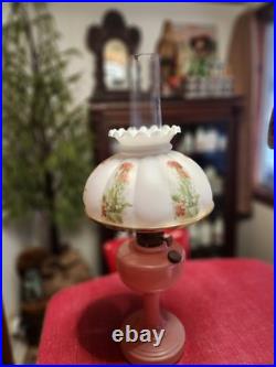 Art Deco Aladdin Rose Moonstone Oil Lamp with Chimney & Shade