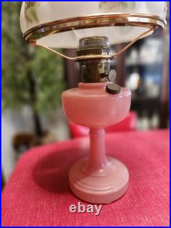 Art Deco Aladdin Rose Moonstone Oil Lamp with Chimney & Shade