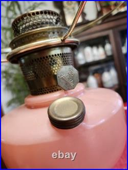 Art Deco Aladdin Rose Moonstone Oil Lamp with Chimney & Shade