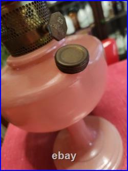 Art Deco Aladdin Rose Moonstone Oil Lamp with Chimney & Shade