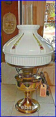 BRASS ELECTRIFIED ALADDIN OIL LAMP WithWHITE SHADE & PINK/WHITE FLOWERS NOS VTG