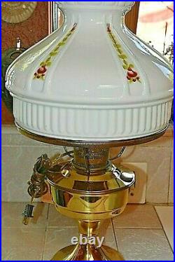 BRASS ELECTRIFIED ALADDIN OIL LAMP WithWHITE SHADE & PINK/WHITE FLOWERS NOS VTG