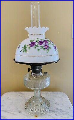 Beautiful 1933 ALADDIN Colonial Clear Crystal Lamp with Hand Painted Shade