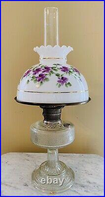 Beautiful 1933 ALADDIN Colonial Clear Crystal Lamp with Hand Painted Shade