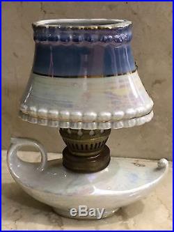 Beautiful Antique Victorian Lustreware Kerosene Oil Aladdin Finger Lamp & Shade