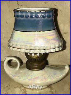 Beautiful Antique Victorian Lustreware Kerosene Oil Aladdin Finger Lamp & Shade