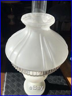 Beautiful Antique White Moonstone Aladdin Vertique Lamp Base With Shade & Burner