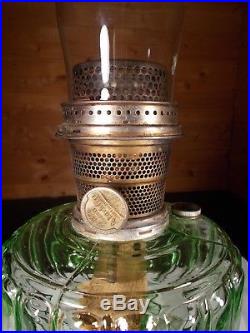 C1934 ALADDIN #107 Green Crystal Cathedral Kerosene Oil Lamp Burner & Chimney