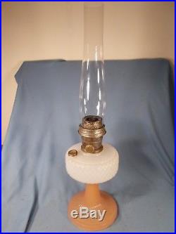C1937 ALADDIN B-91 White & Rose Foot Moonstone Quilt Kerosene Oil Lamp w Chimney