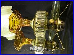 Clear/Deep Amber ALADDIN CORINTHIAN OIL LAMP withLoc On Chimney and Ribbed Shade