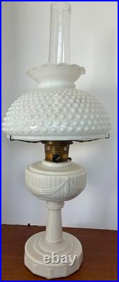 Cream Custard Glass Aladdin Tall Oil Lamp With Antique Hobnail Glass Shade