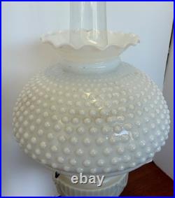 Cream Custard Glass Aladdin Tall Oil Lamp With Antique Hobnail Glass Shade